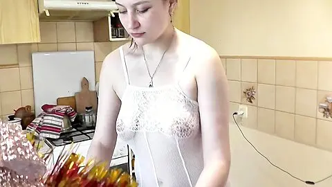 Old And Young. Mature Milf And Cute Teenager 18+ Girl Without Panties And Bra In Kitchen Blonde And Brunette Lesbian Bisexual Fetish